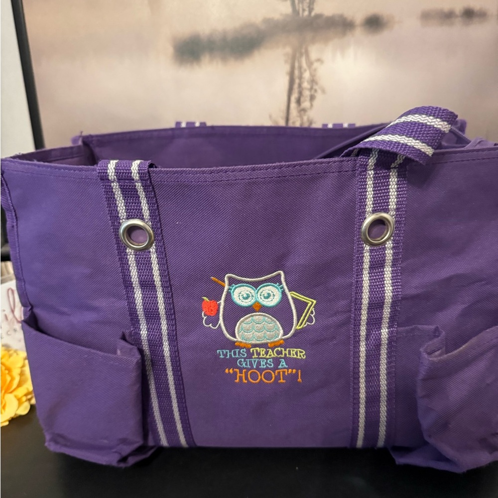 Purple Teacher Tote Bag with Owl Embroidery